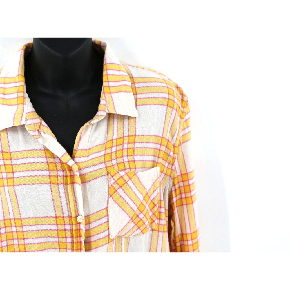 Gap Womens XL Slub Cotton Flannel Plaid Boyfriend Fit Shirt Size XL Yellow - Picture 3 of 5